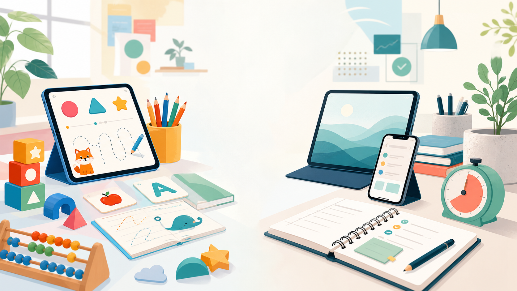 Illustrated NUC7 studio scene showing kids learning and parent productivity tools